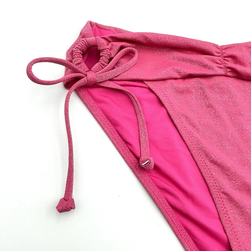 Victoria's Secret Nwt Pink Shimmer Side Tie Ruched Front Swim Bikini Bottom M